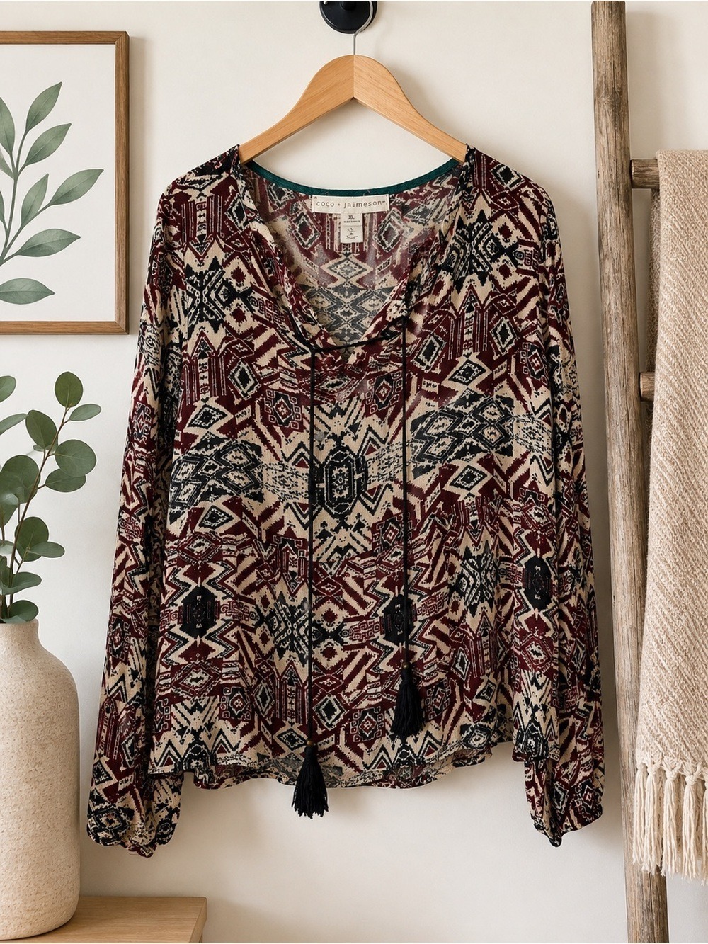 Coco + Jaimeson Boho Aztec Tassel Peasant Top XL Burgundy Cream